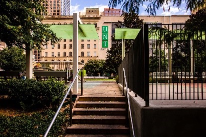 UNT Dallas System campus courtyard