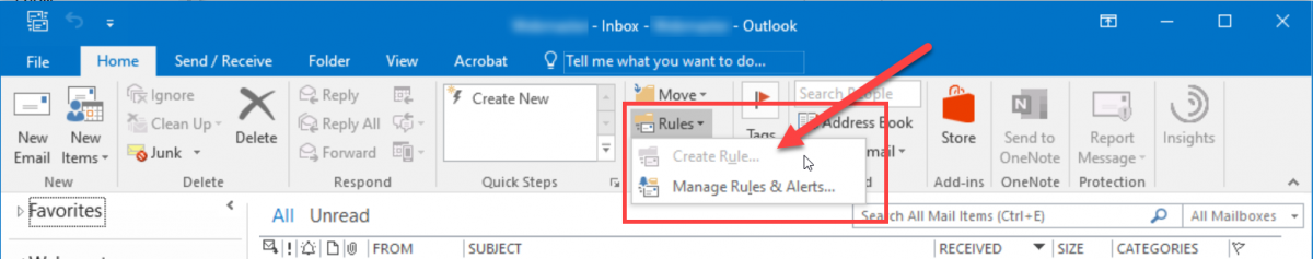 Screenshot of 'Rule' button in Outlook