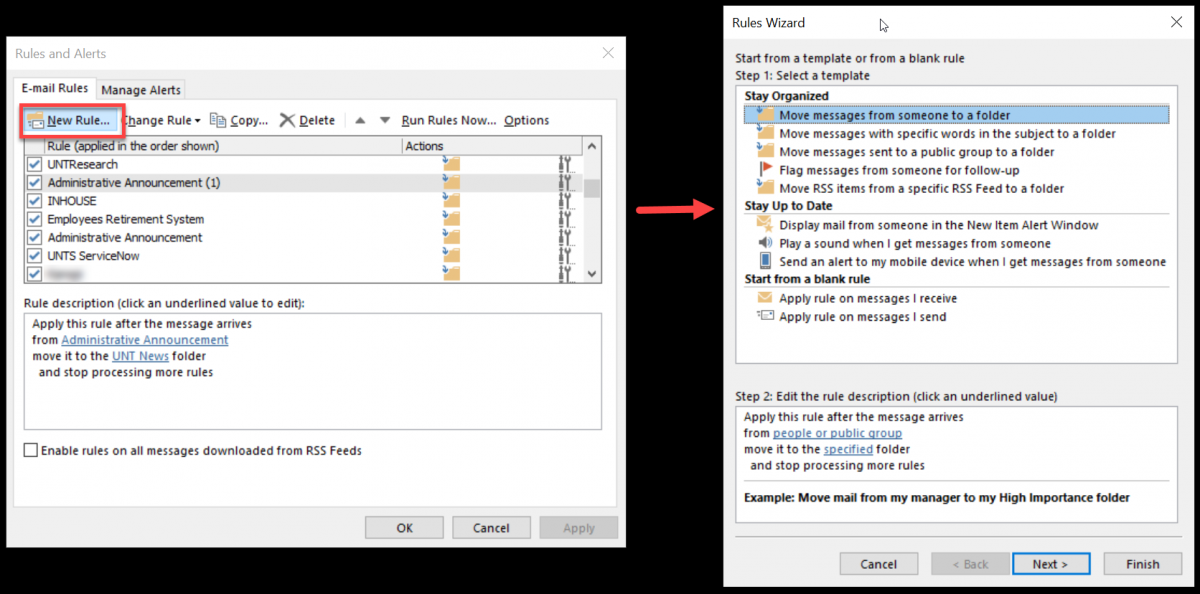 Screenshot of Rules options in Outlook